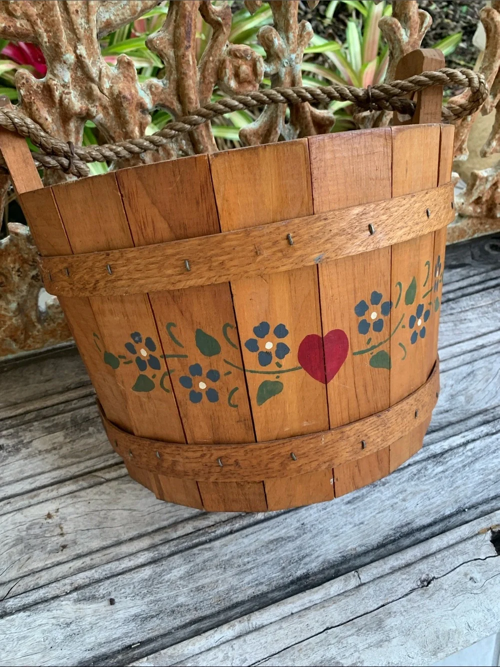 Vintage Flat Sided Wooden Hanging Basket with Red Heart and Floral Accents